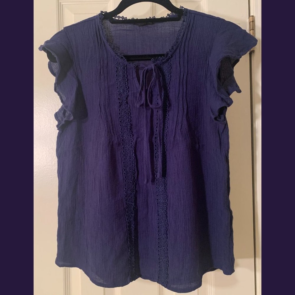 Mine Brand Navy Blue Ruffle Sleeve Lightweight Top